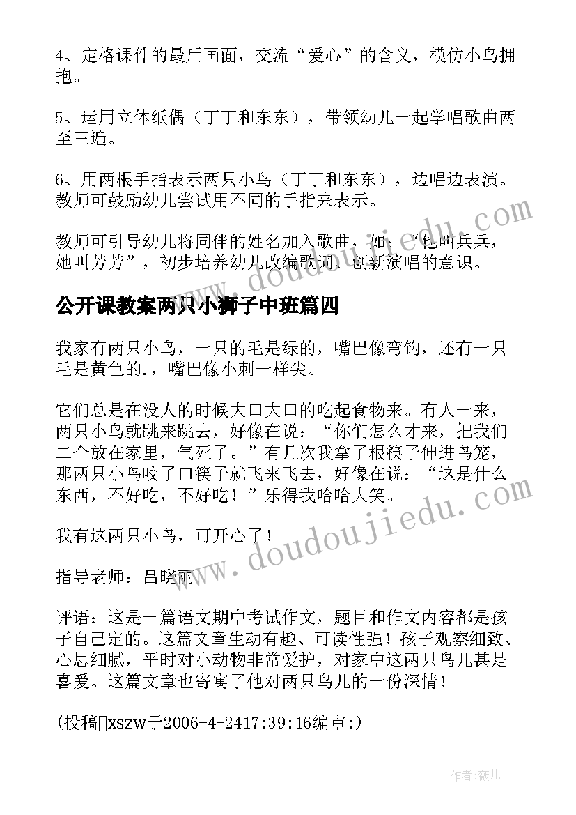 最新公开课教案两只小狮子中班(模板8篇)