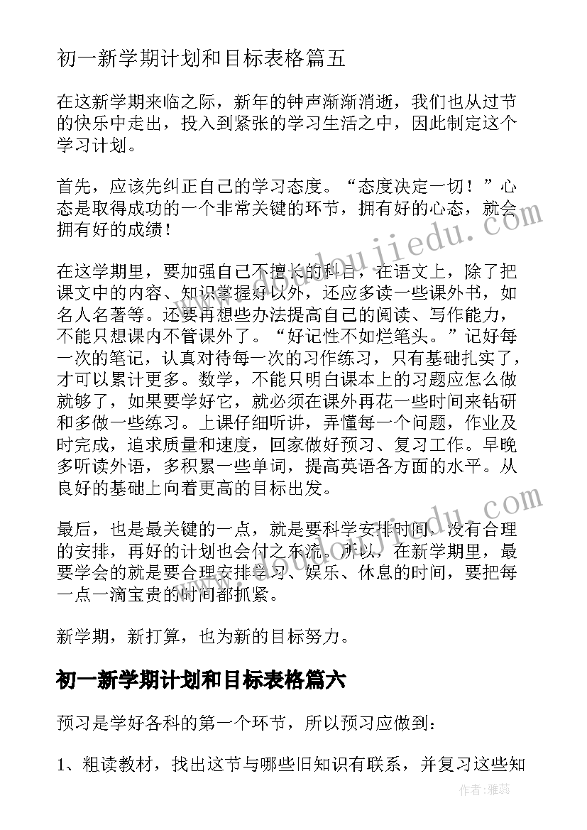 最新初一新学期计划和目标表格(大全10篇)