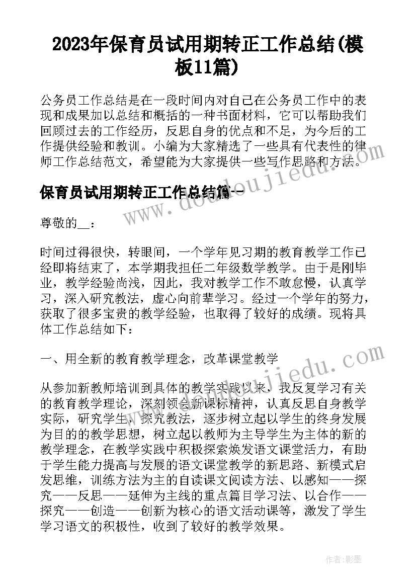 2023年保育员试用期转正工作总结(模板11篇)