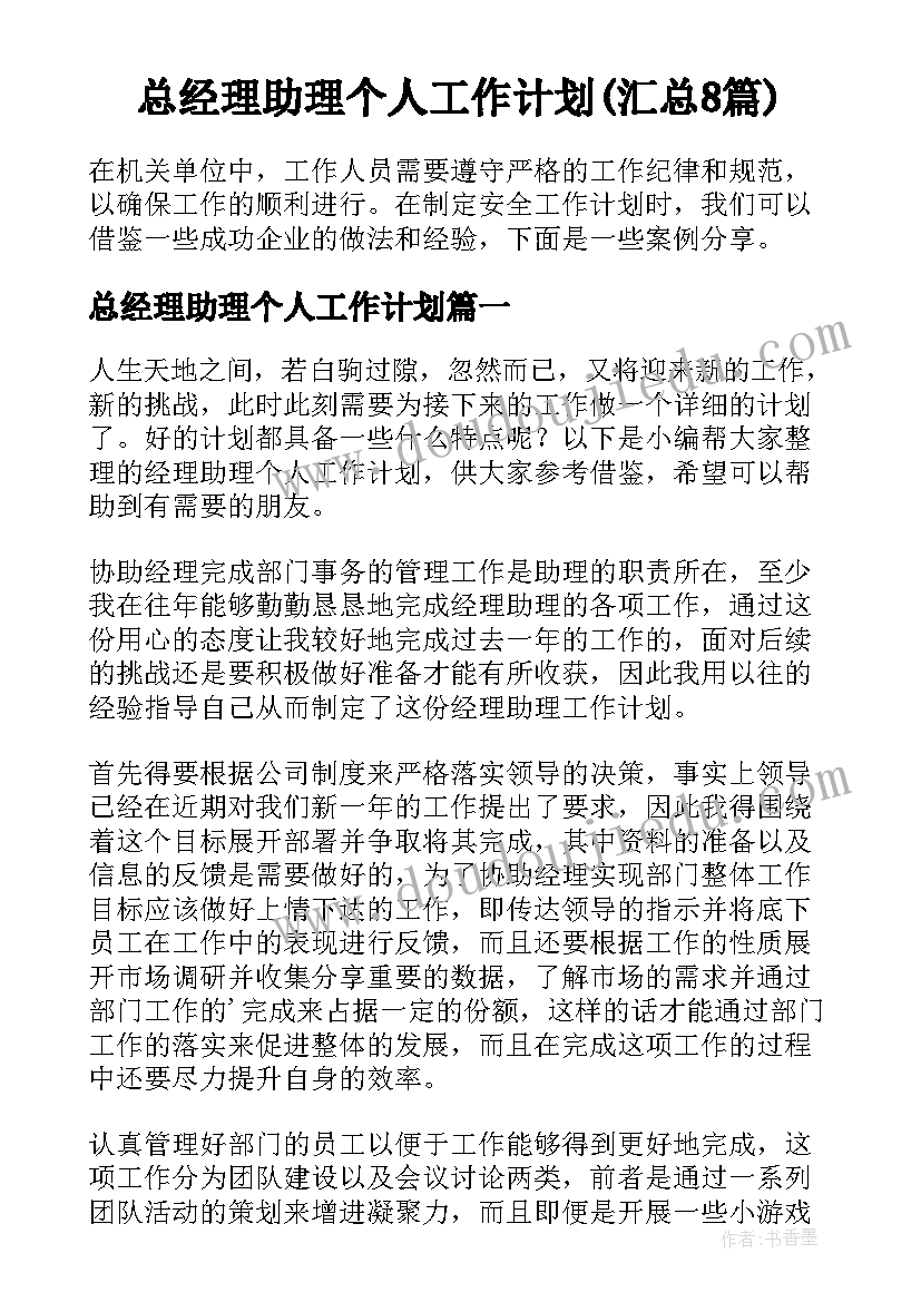 总经理助理个人工作计划(汇总8篇)