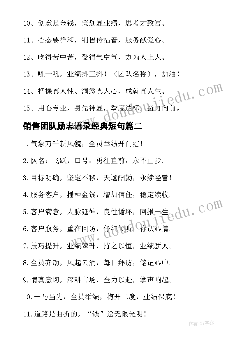 2023年销售团队励志语录经典短句 销售团队激励口号(优秀15篇)