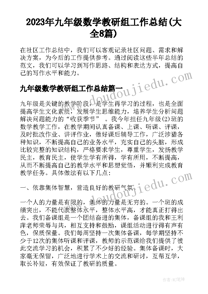 2023年九年级数学教研组工作总结(大全8篇)