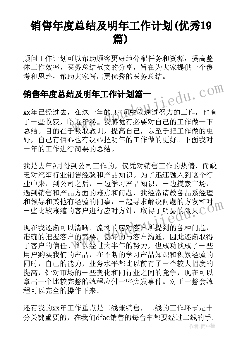 销售年度总结及明年工作计划(优秀19篇)