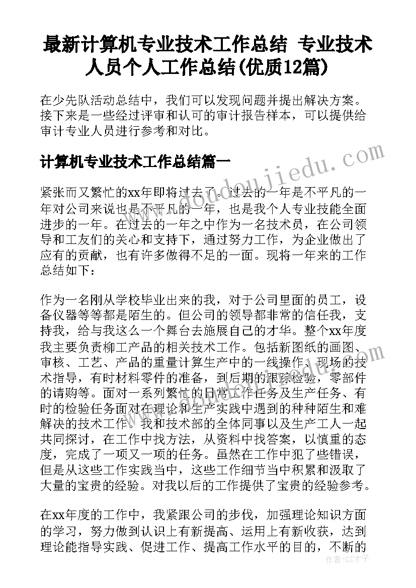 最新计算机专业技术工作总结 专业技术人员个人工作总结(优质12篇)