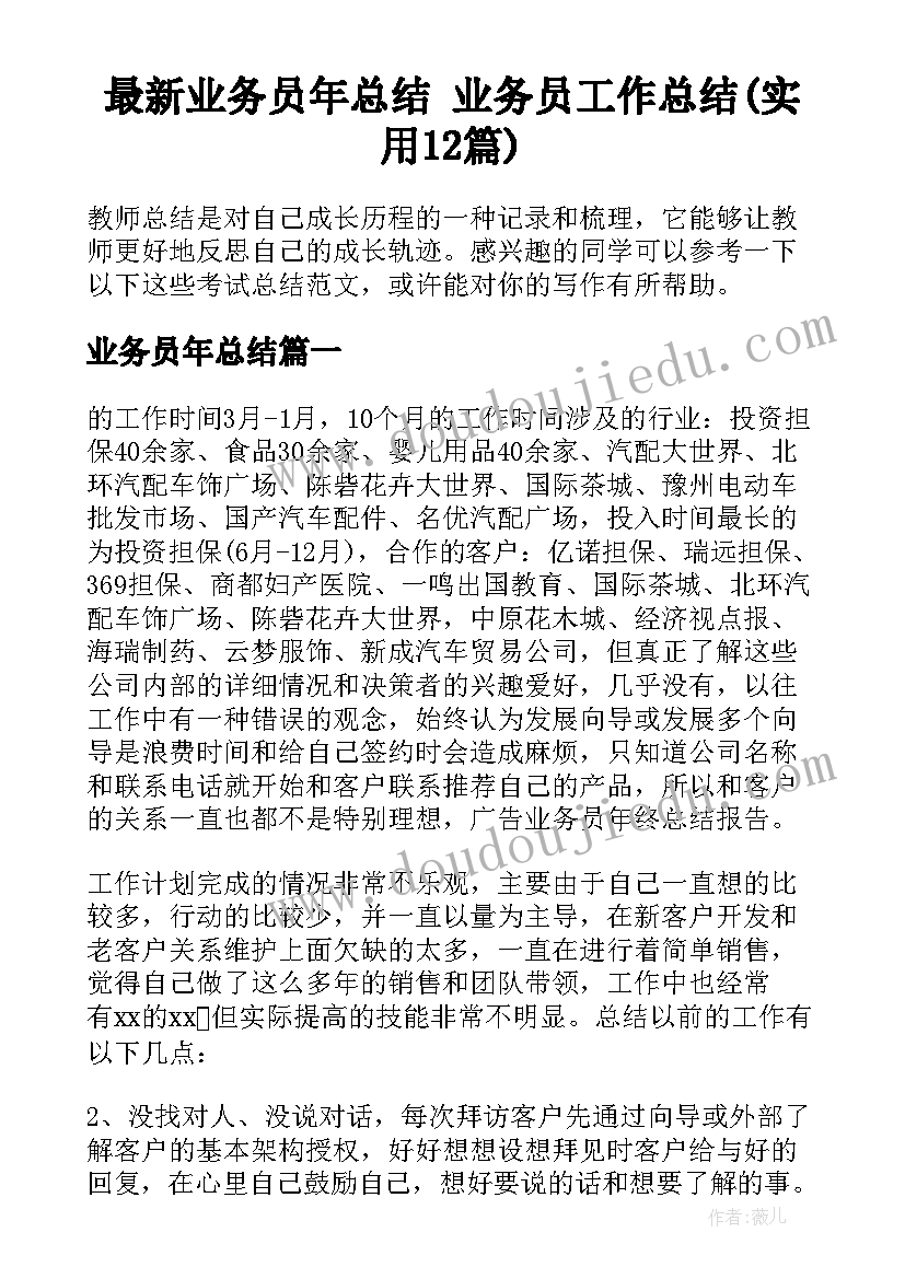 最新业务员年总结 业务员工作总结(实用12篇)