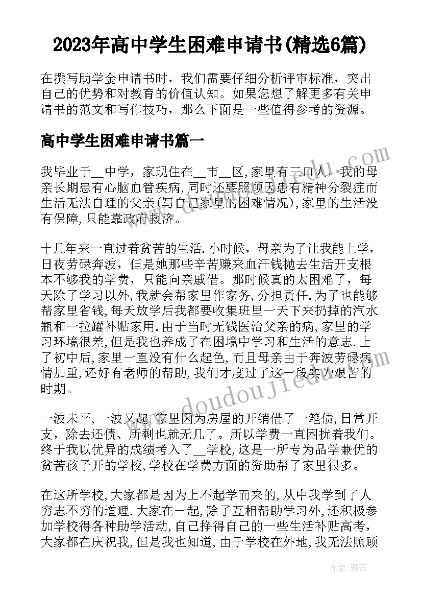 2023年高中学生困难申请书(精选6篇)