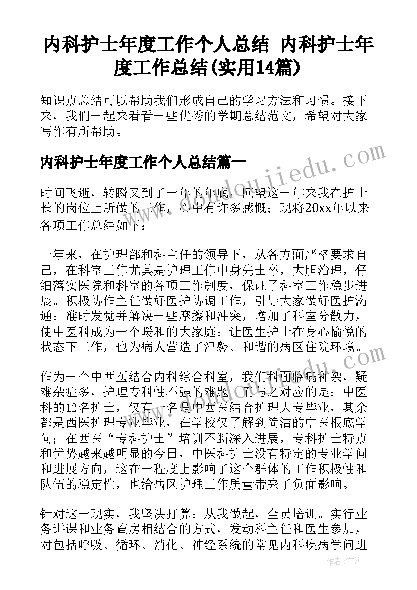 内科护士年度工作个人总结 内科护士年度工作总结(实用14篇)