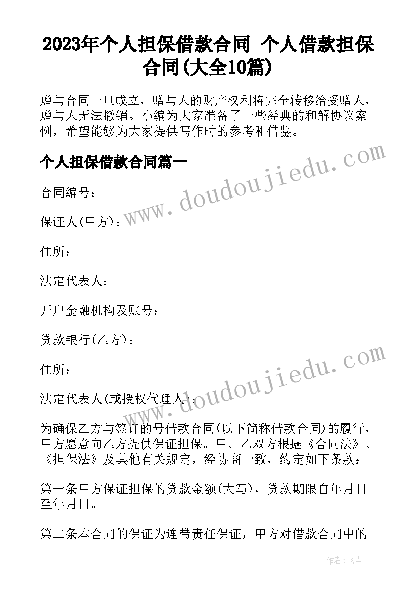 2023年个人担保借款合同 个人借款担保合同(大全10篇)