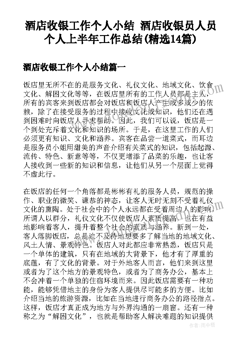 酒店收银工作个人小结 酒店收银员人员个人上半年工作总结(精选14篇)