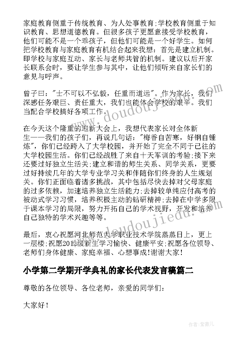 小学第二学期开学典礼的家长代表发言稿(优秀8篇)