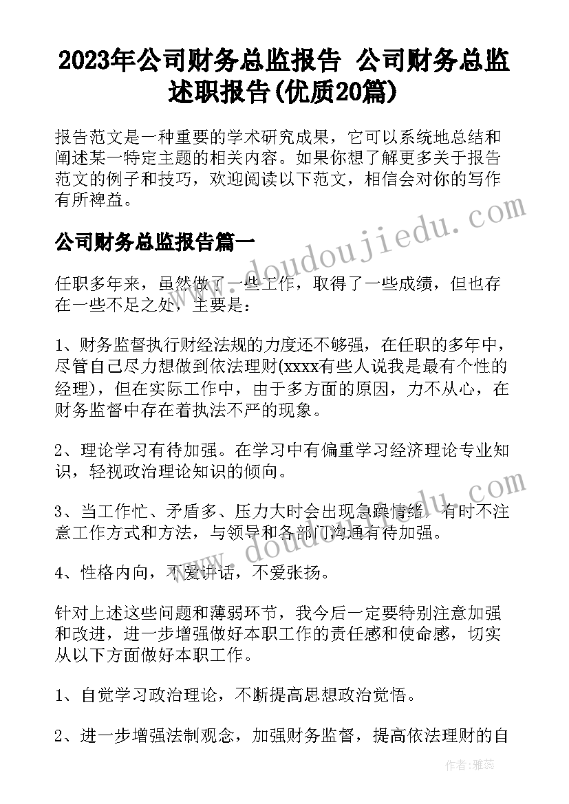 2023年公司财务总监报告 公司财务总监述职报告(优质20篇)