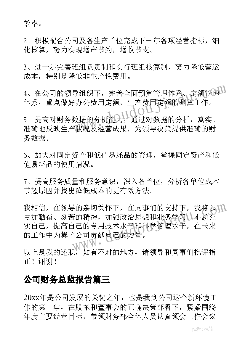 2023年公司财务总监报告 公司财务总监述职报告(优质20篇)