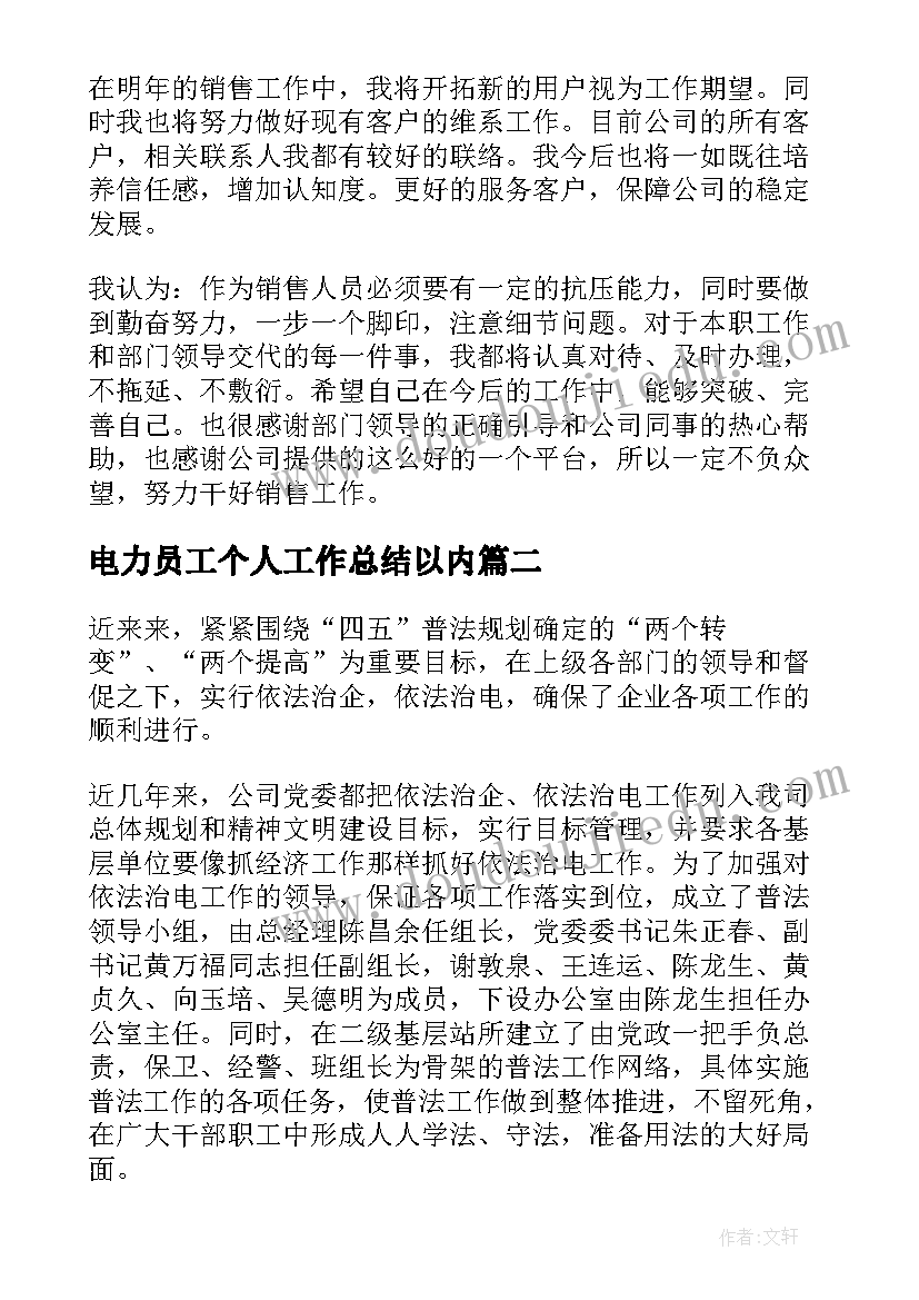 2023年电力员工个人工作总结以内 电力营销个人年度工作总结(模板13篇)