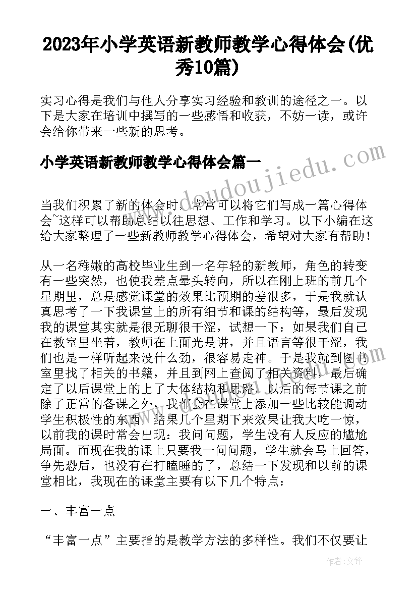 2023年小学英语新教师教学心得体会(优秀10篇)