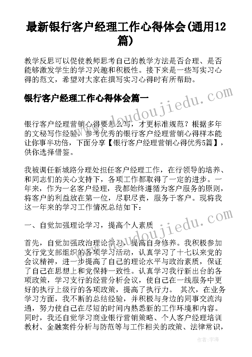 最新银行客户经理工作心得体会(通用12篇)