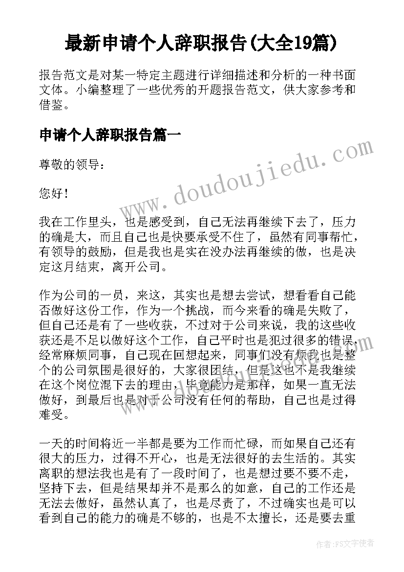 最新申请个人辞职报告(大全19篇)