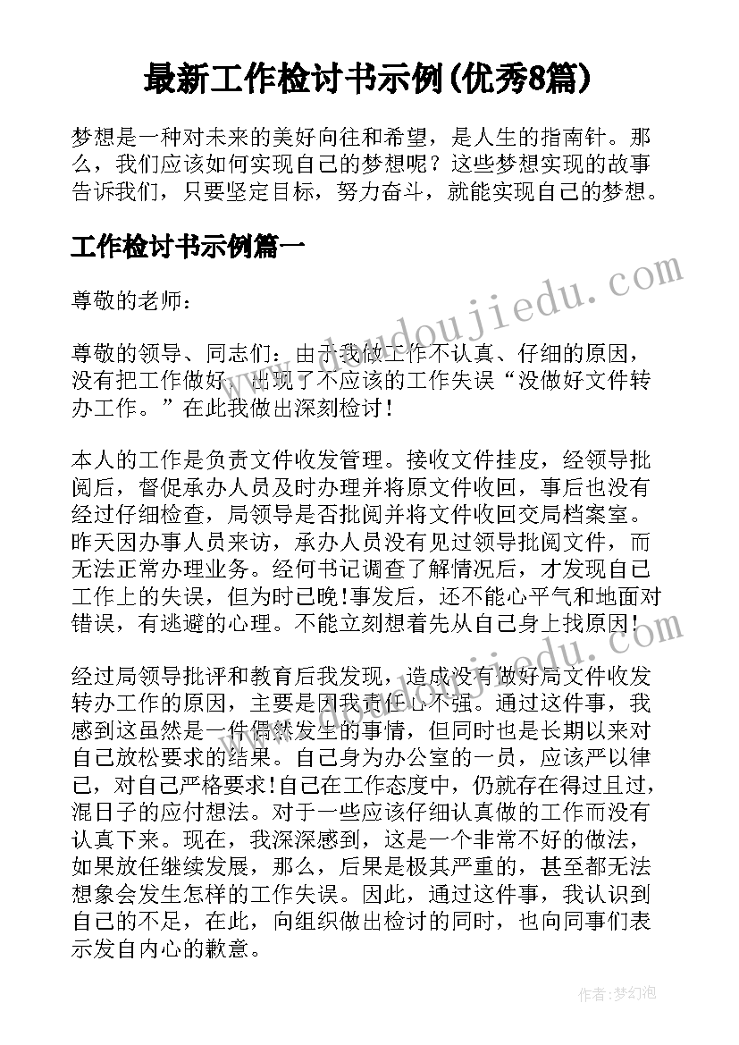 最新工作检讨书示例(优秀8篇)