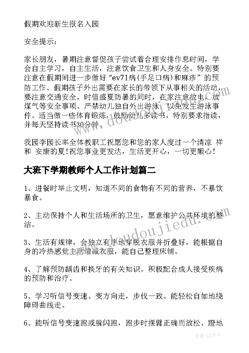 大班下学期教师个人工作计划 大班下学期个人的工作计划(优质8篇)