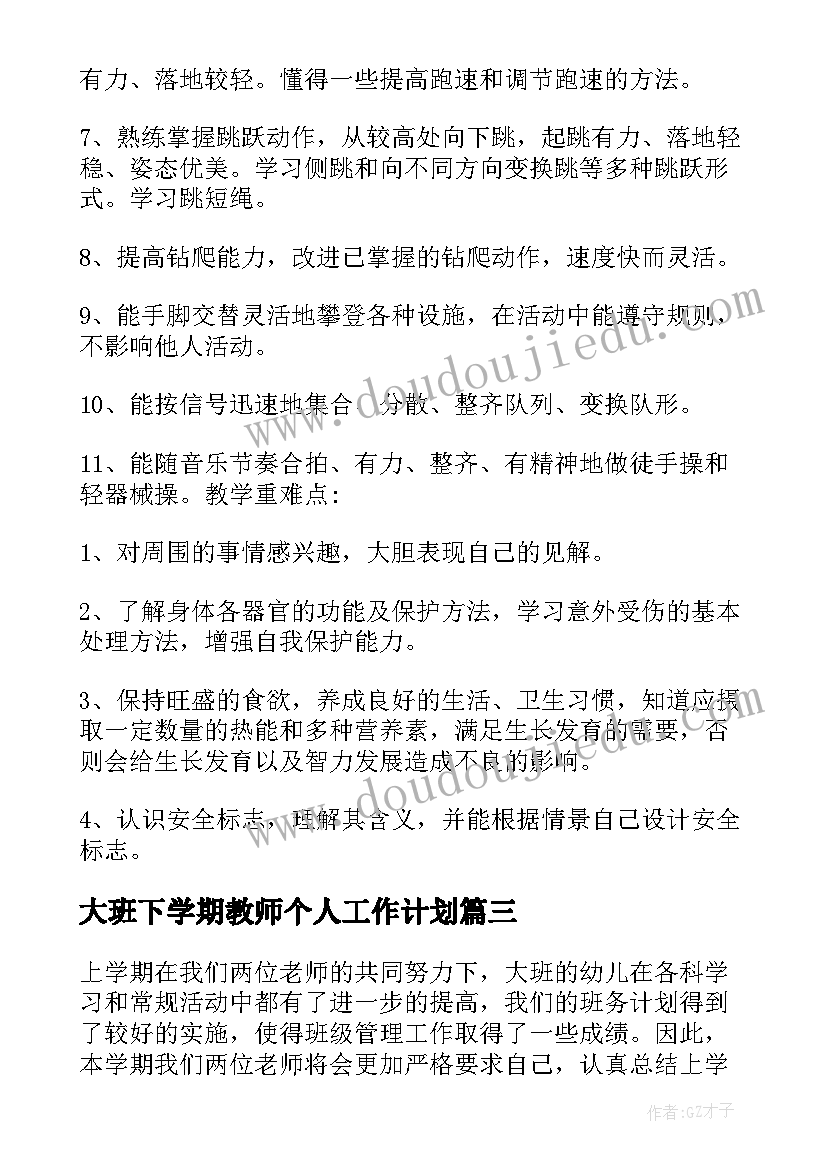 大班下学期教师个人工作计划 大班下学期个人的工作计划(优质8篇)