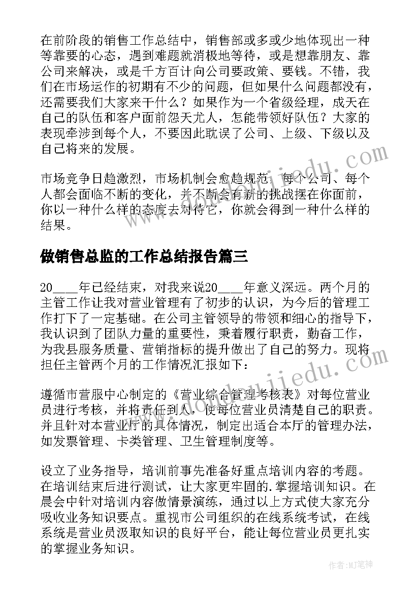 最新做销售总监的工作总结报告(汇总13篇)