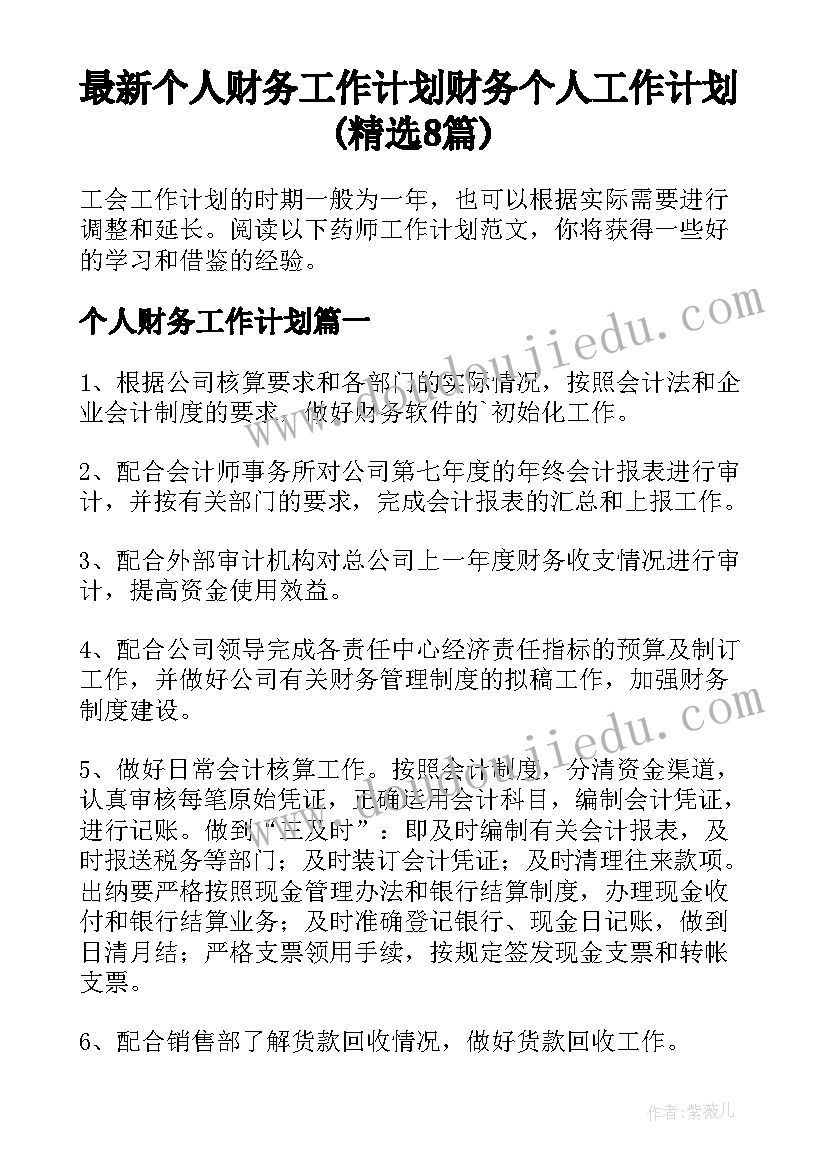 最新个人财务工作计划 财务个人工作计划(精选8篇)