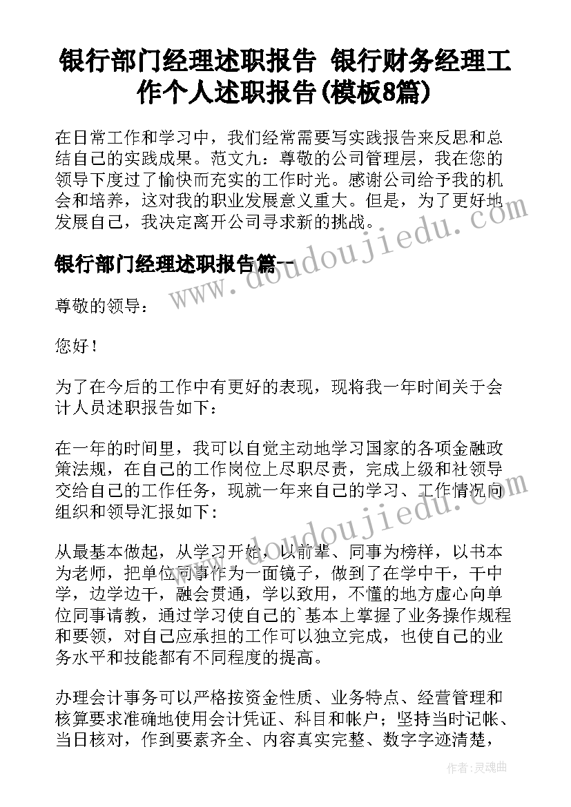 银行部门经理述职报告 银行财务经理工作个人述职报告(模板8篇)