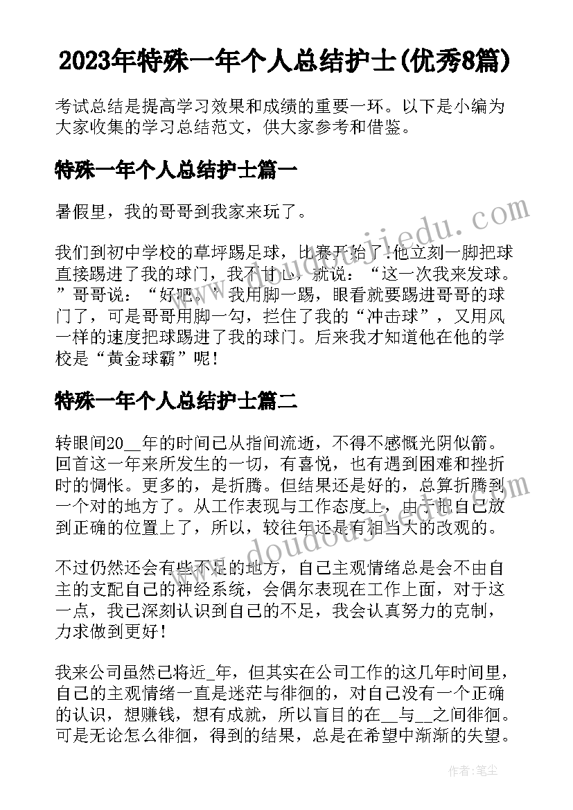 2023年特殊一年个人总结护士(优秀8篇)