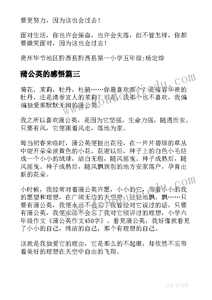 2023年蒲公英的感悟(优质8篇)