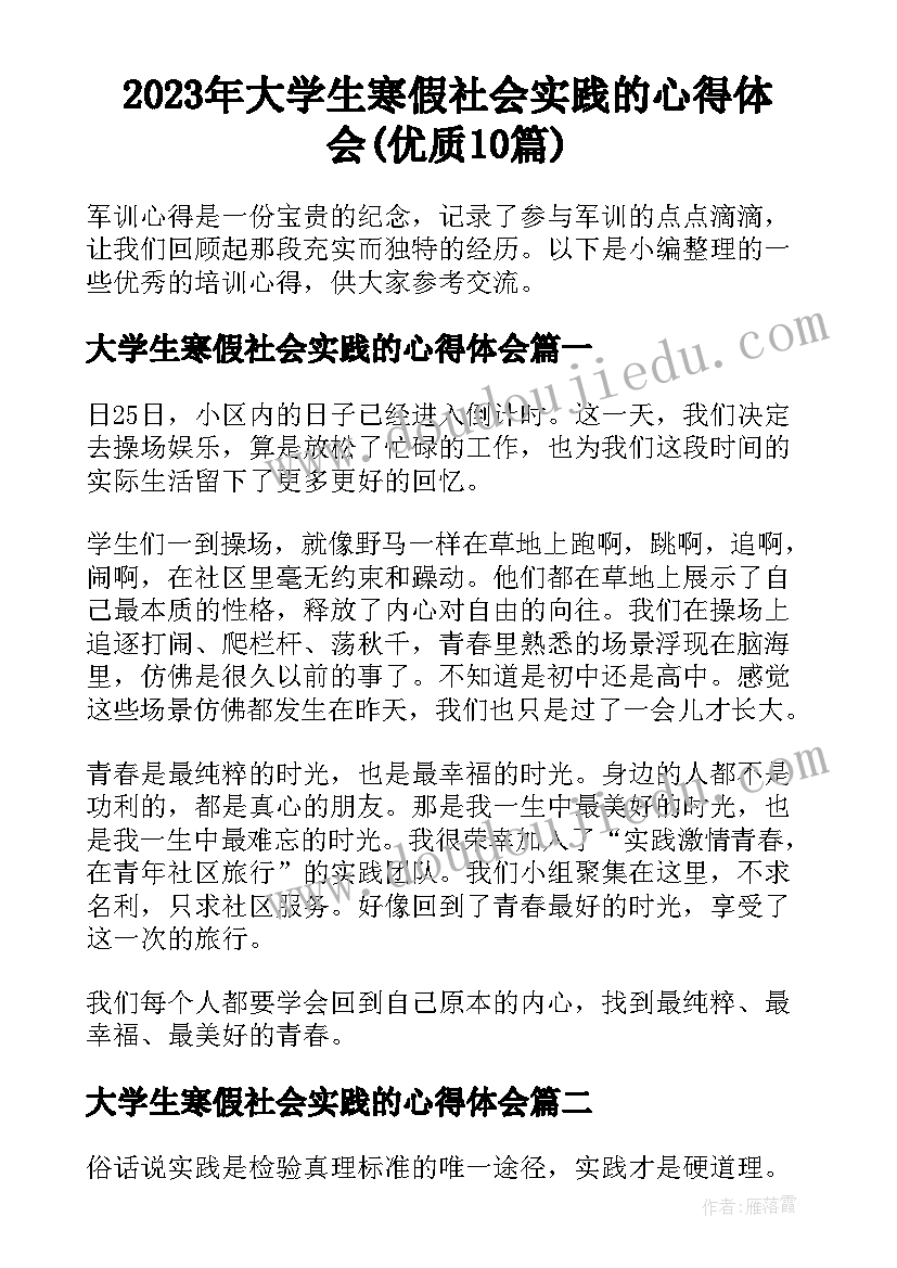 2023年大学生寒假社会实践的心得体会(优质10篇)