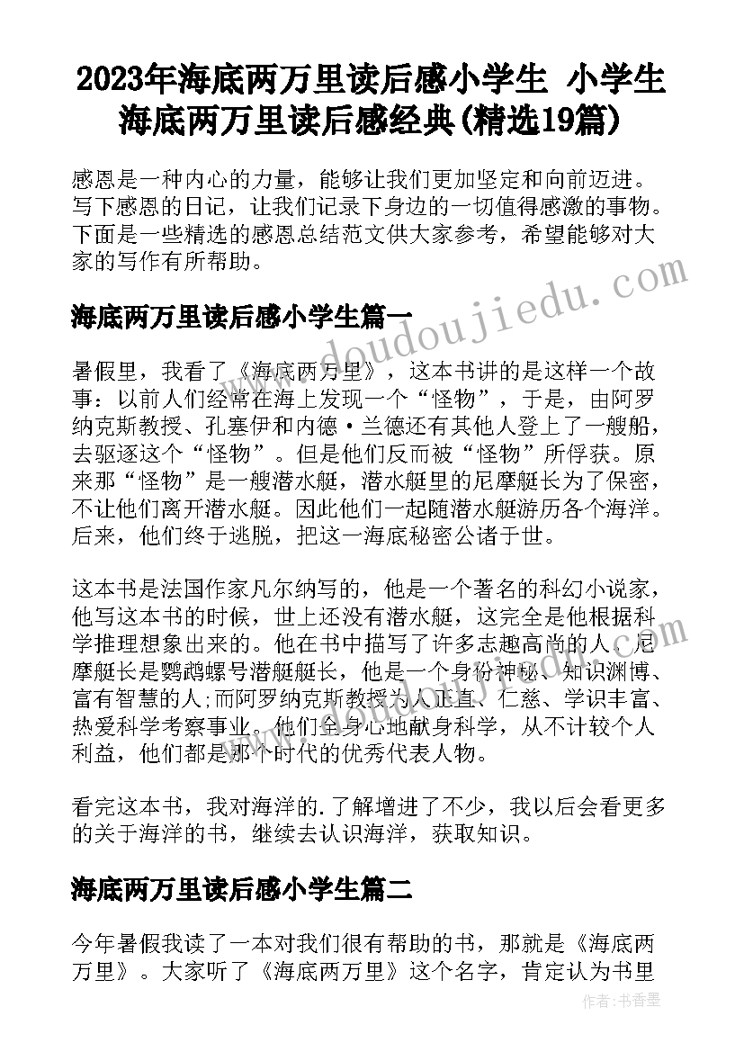 2023年海底两万里读后感小学生 小学生海底两万里读后感经典(精选19篇)