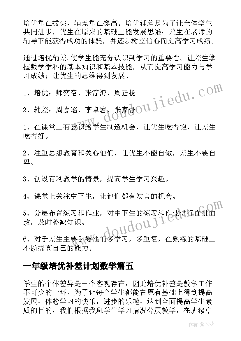 2023年一年级培优补差计划数学 一年级培优补差工作计划(大全13篇)