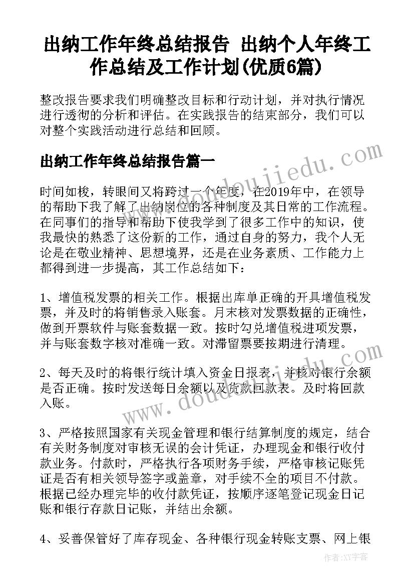 出纳工作年终总结报告 出纳个人年终工作总结及工作计划(优质6篇)