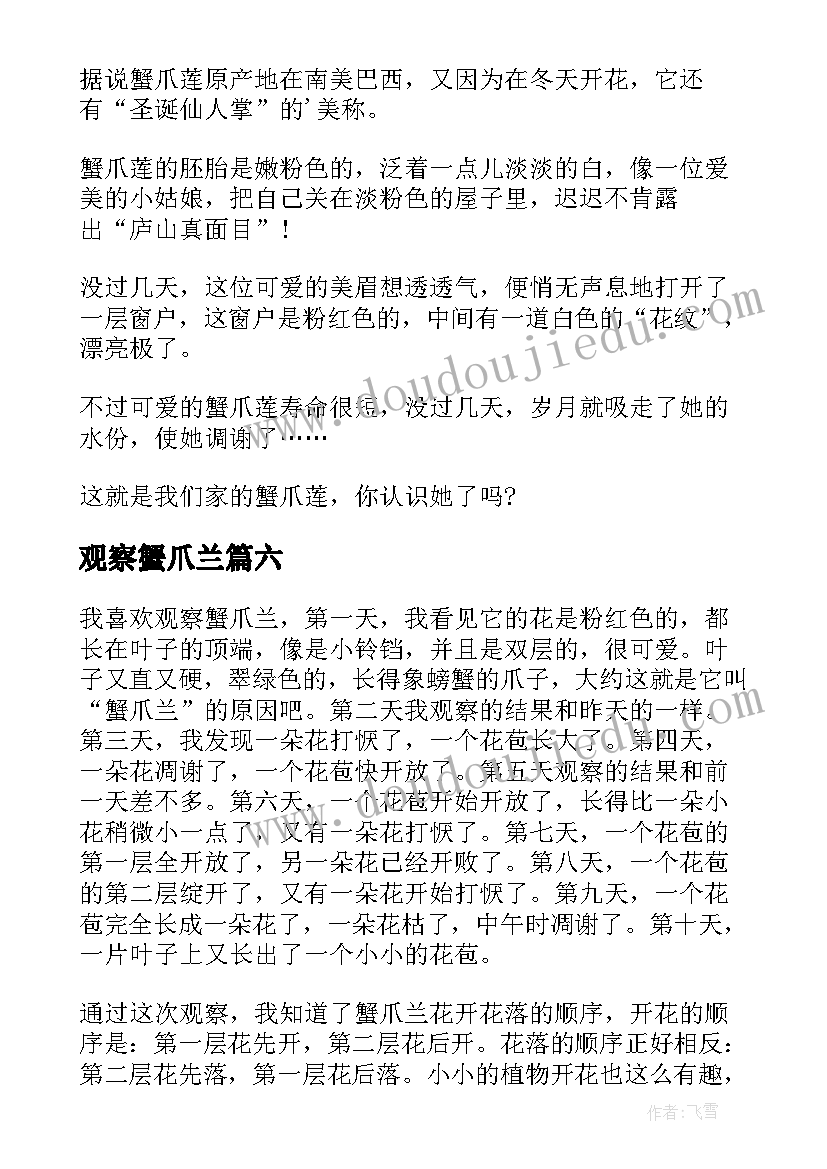 最新观察蟹爪兰 蟹爪兰观察日记(实用8篇)