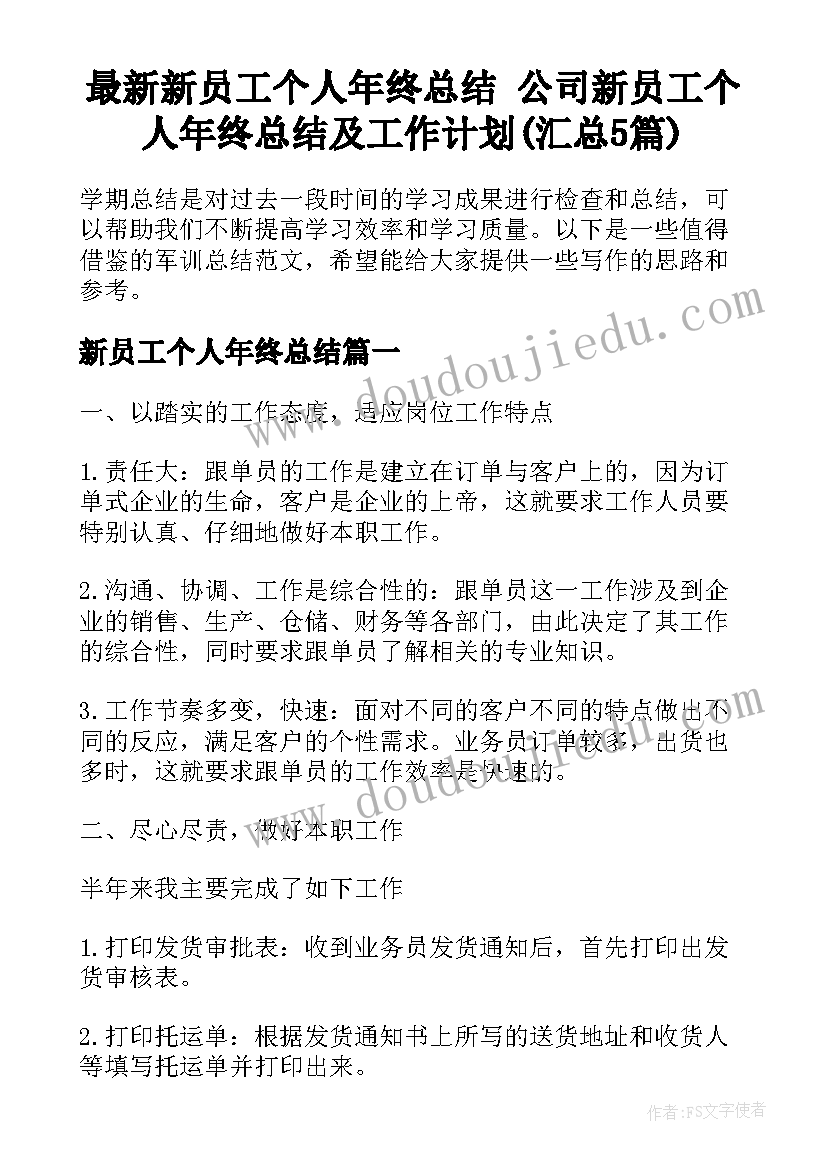 最新新员工个人年终总结 公司新员工个人年终总结及工作计划(汇总5篇)