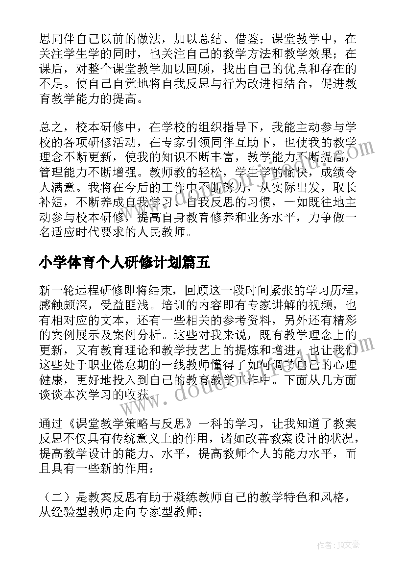 2023年小学体育个人研修计划 小学校本研修个人研修总结(优质15篇)