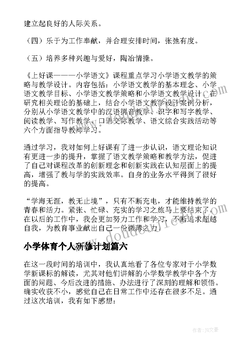 2023年小学体育个人研修计划 小学校本研修个人研修总结(优质15篇)