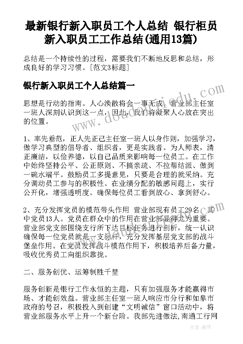 最新银行新入职员工个人总结 银行柜员新入职员工工作总结(通用13篇)