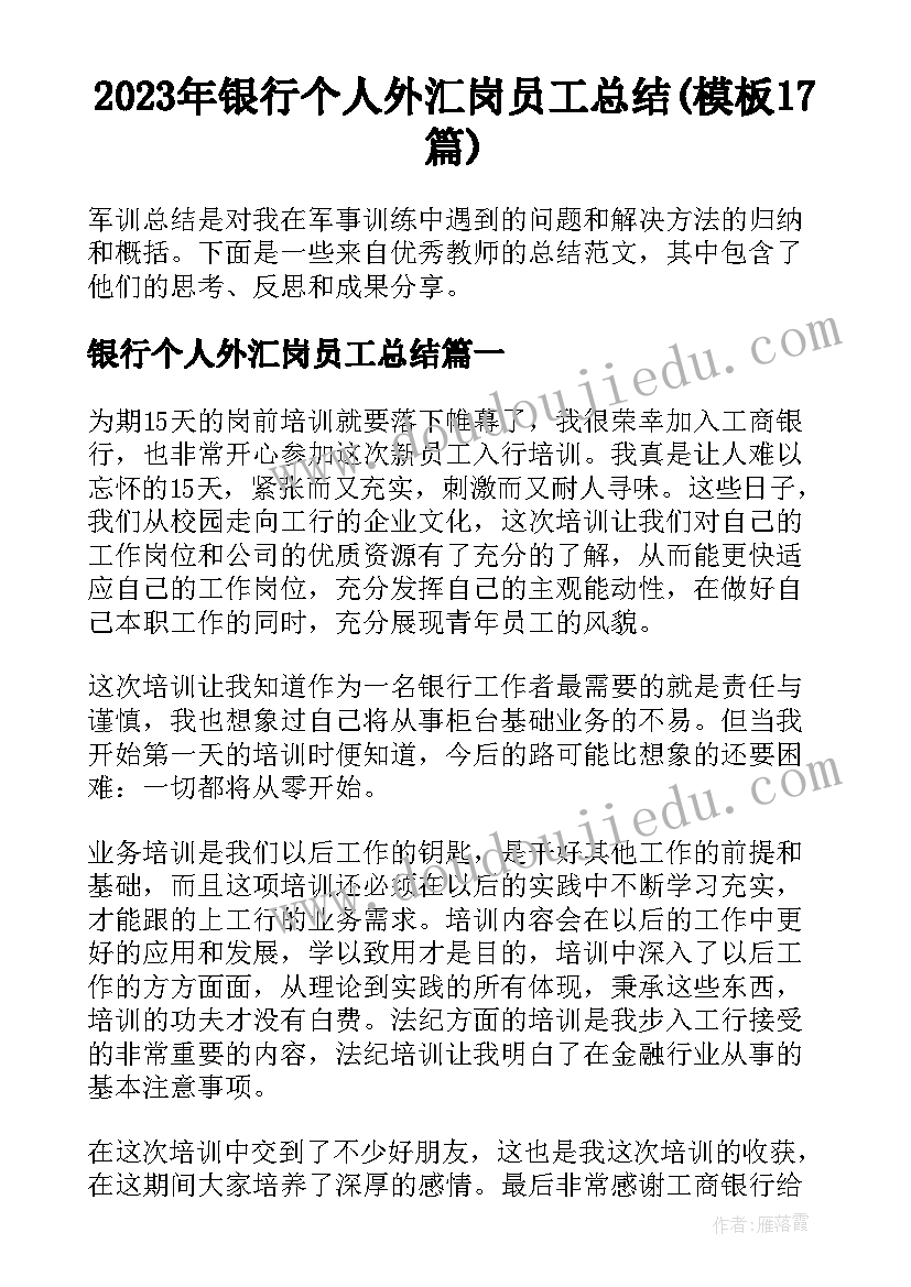 2023年银行个人外汇岗员工总结(模板17篇)