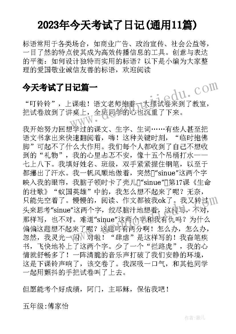 2023年今天考试了日记(通用11篇)