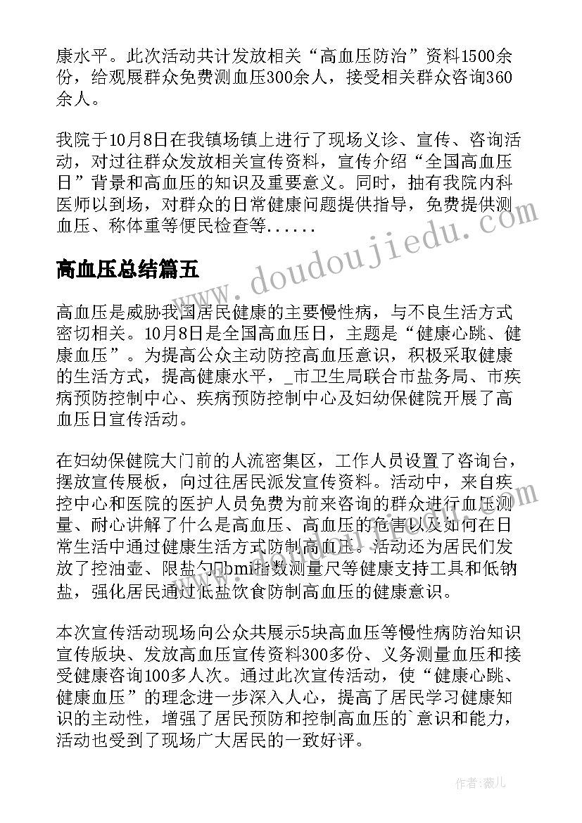 最新高血压总结 活动总结高血压日(精选8篇)