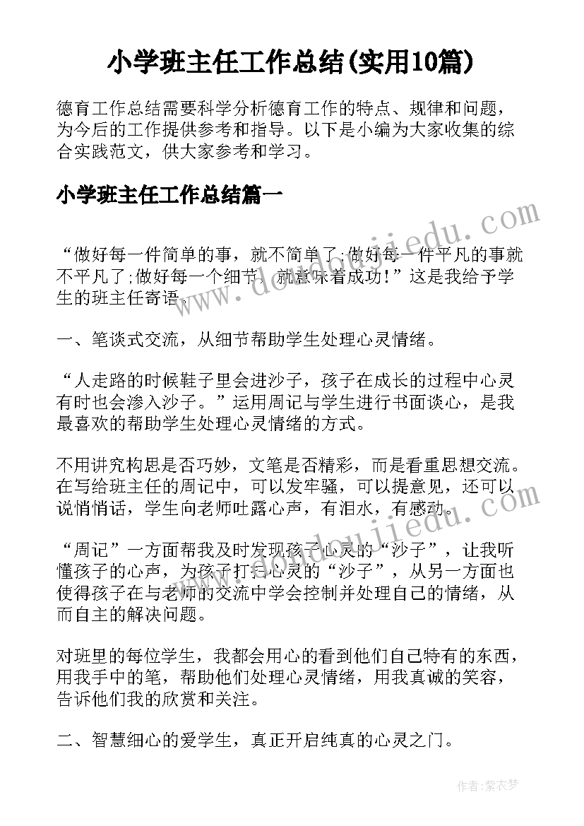 小学班主任工作总结(实用10篇)