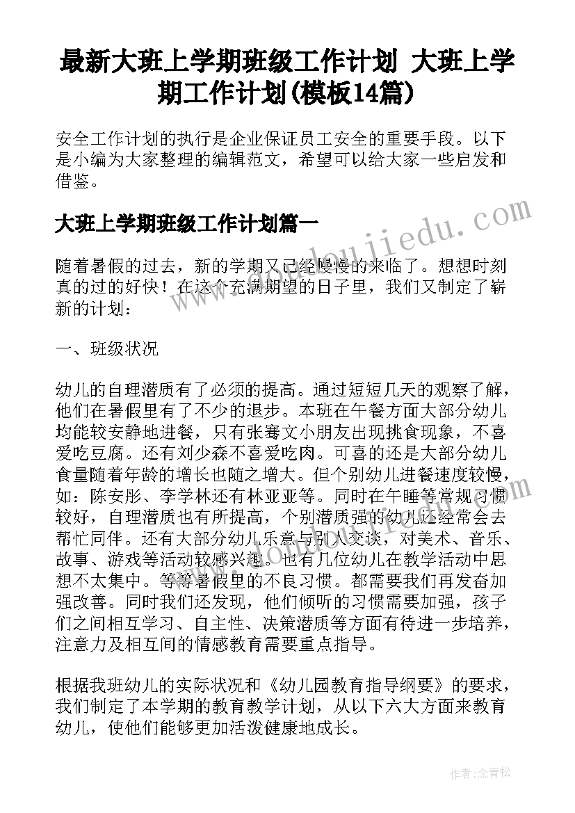 最新大班上学期班级工作计划 大班上学期工作计划(模板14篇)