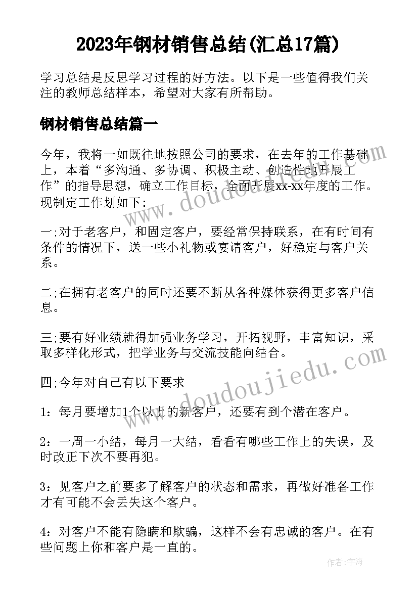 2023年钢材销售总结(汇总17篇)