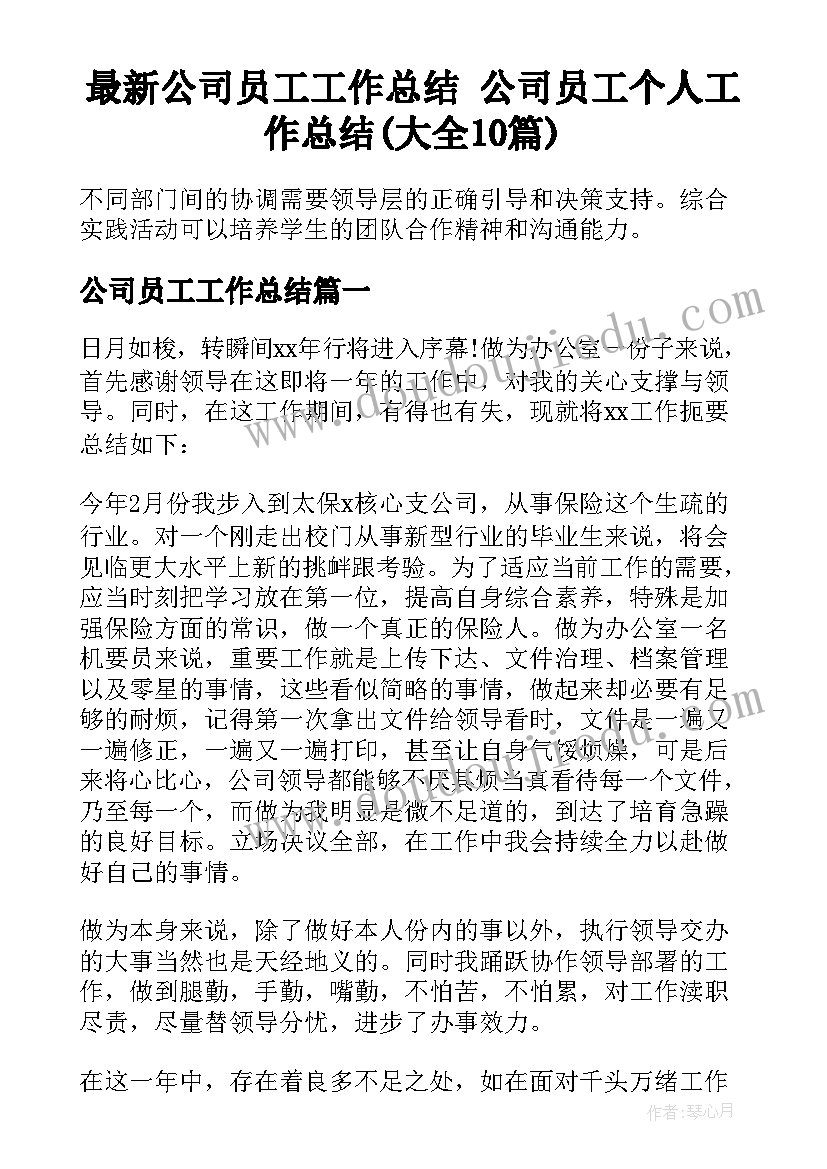 最新公司员工工作总结 公司员工个人工作总结(大全10篇)