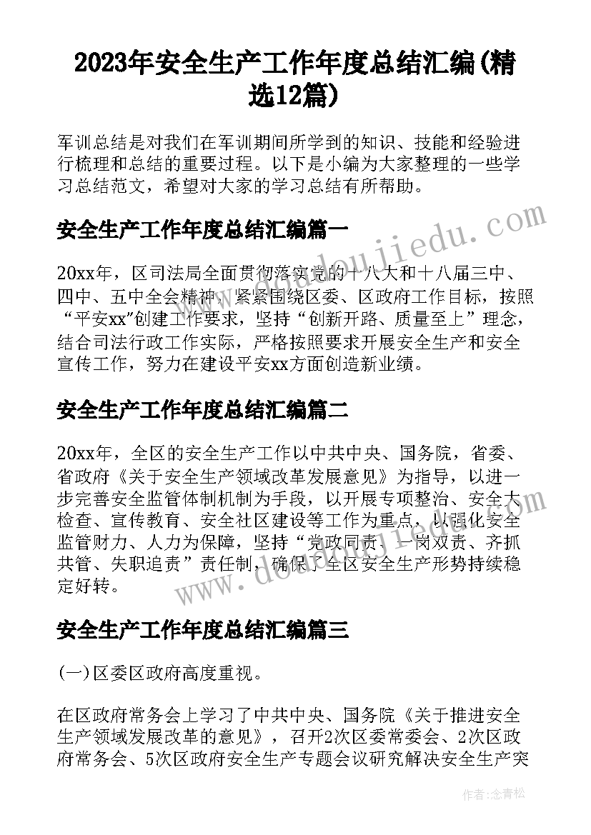 2023年安全生产工作年度总结汇编(精选12篇)