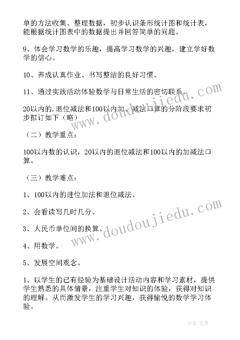 2023年小学一年级下学期数学教学工作计划人教版(优质19篇)