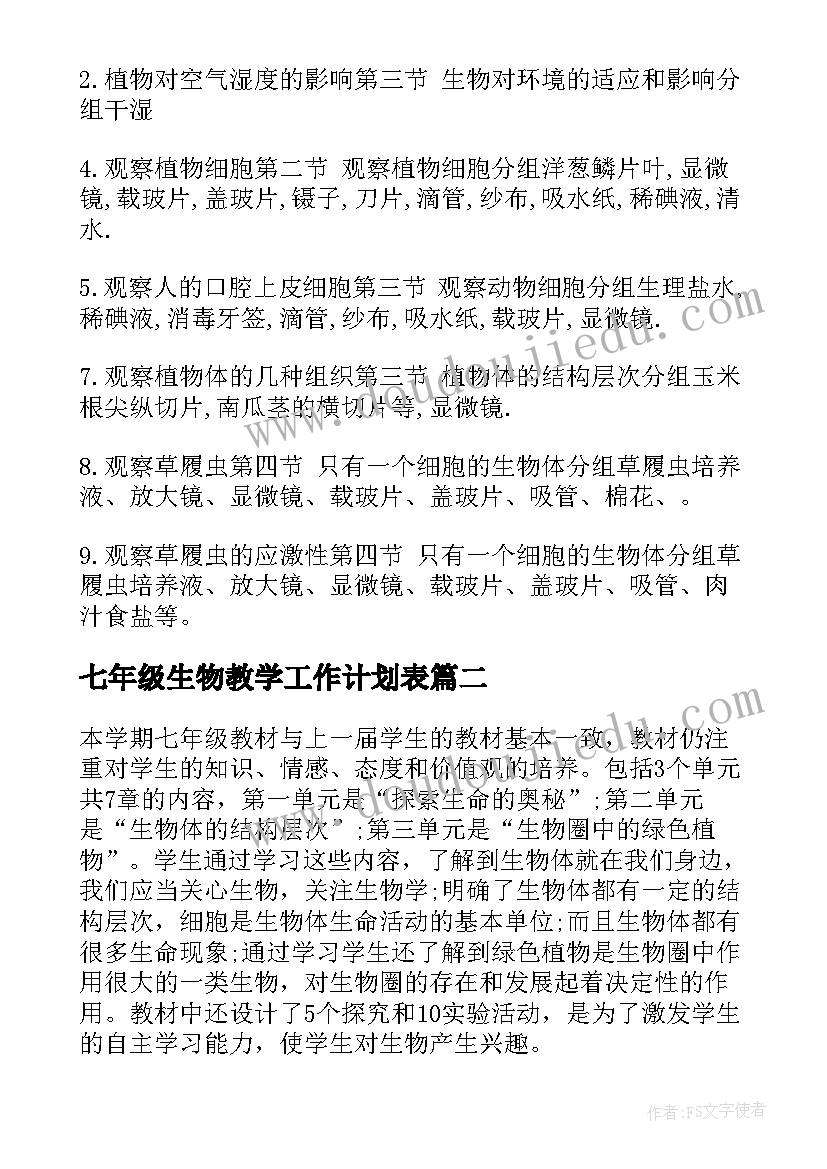 最新七年级生物教学工作计划表(实用14篇)