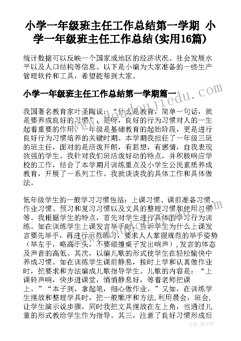 小学一年级班主任工作总结第一学期 小学一年级班主任工作总结(实用16篇)