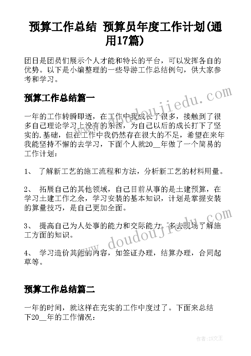 预算工作总结 预算员年度工作计划(通用17篇)