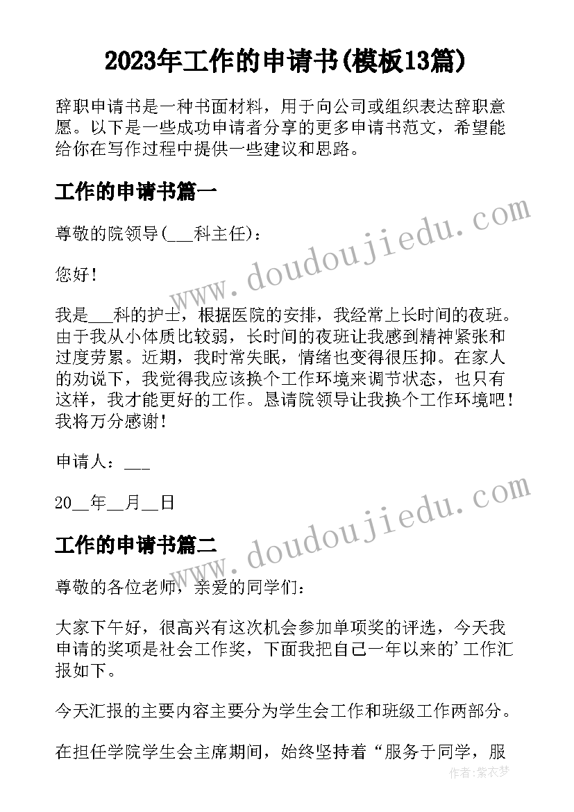 2023年工作的申请书(模板13篇)